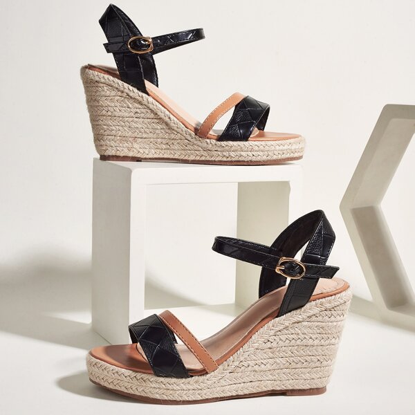 

Two Tone Espadrille Heeled Wedge Sandals, Black