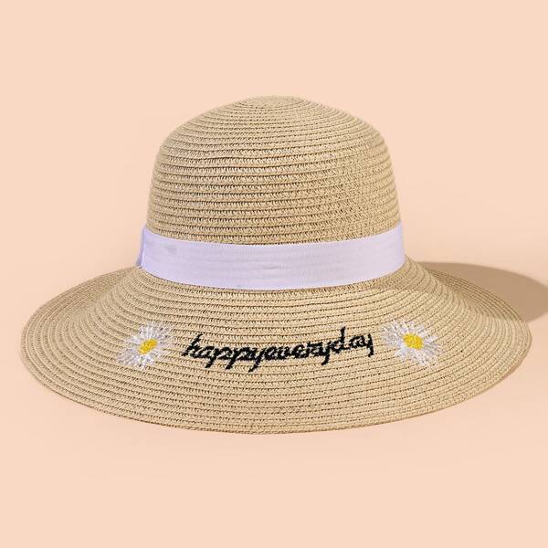 

Flower Embroidered Straw Hat, Beige