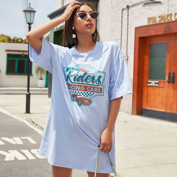 

Letter & Car Graphic Drop Shoulder Tee Dress, Baby blue