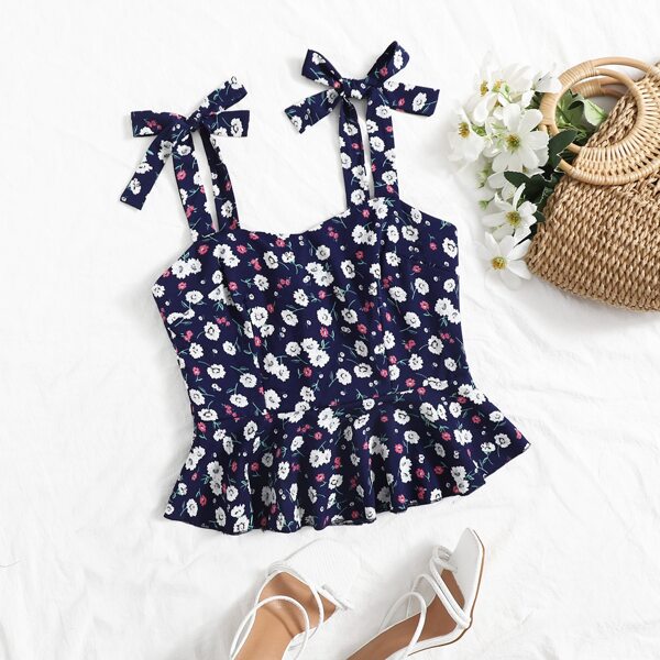 

Floral Print Knot Shoulder Ruffle Hem Cami Top, Multicolor