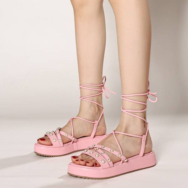 

Faux Pearl Decor Tie Leg Flatform Sandals, Pink