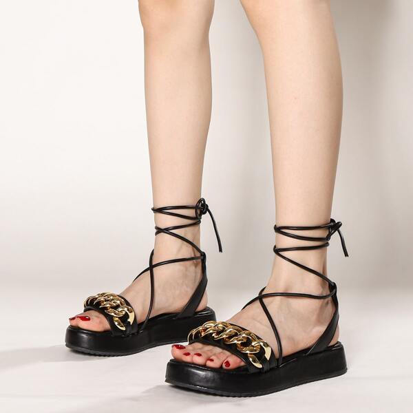 

Chain Decor Tie Leg Flatform Sandals, Black