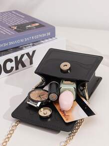 1 件纯色 PVC 材质迷你斜挎包手袋果冻鳄鱼纹珍珠零钱包小链条包便携购物袋适合女孩、派对和日常 - 黑色 - 查看 2