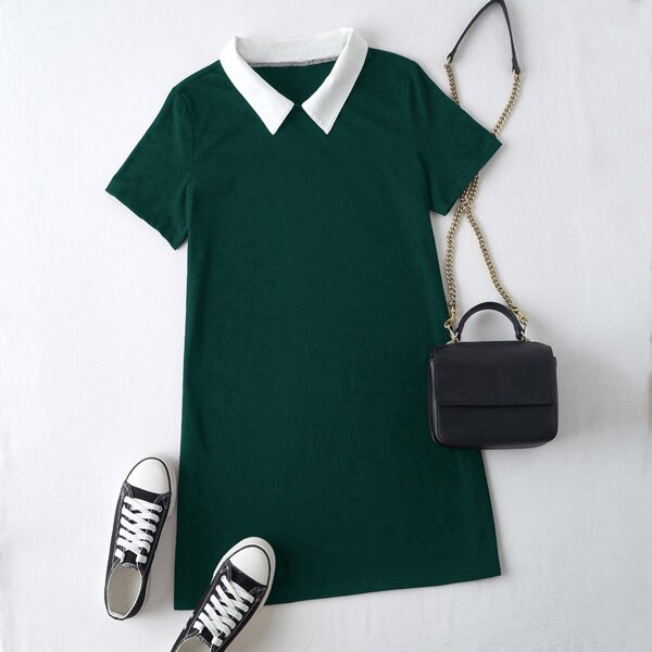 

Plus Contrast Collar Tee Dress, Dark green