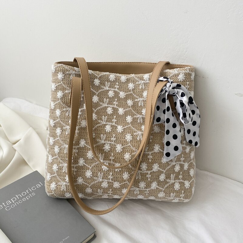 

Floral Straw Tote Bag, Khaki