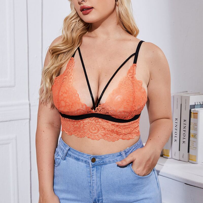 

Plus Floral Lace Scallop Trim Bralette, Orange