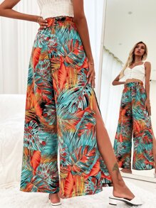 SHEIN VCAY Plants Print Split Thigh Trousers - Multicolor - View 2