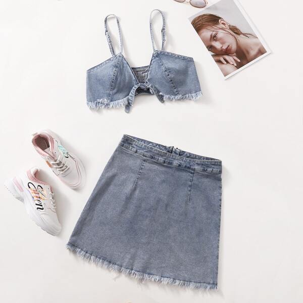 

Plus Raw Hem Denim Cami Top & Denim Skirt, Medium wash