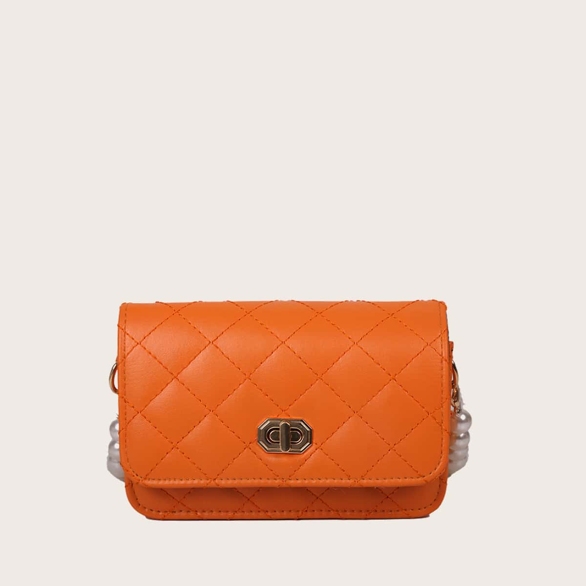 

Faux Pearl Strap Quilted Crossbody Bag, Orange