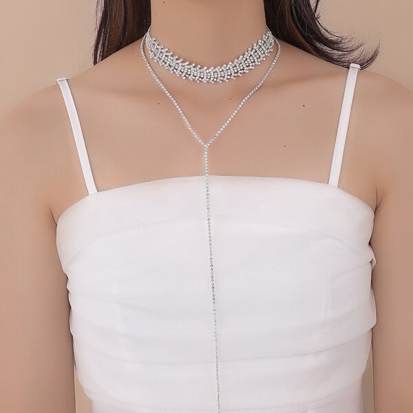 

Rhinestone Decor Layered Necklace, Silver