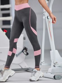 Yoga Futuristic 拼接面緊身打底褲無縫緊縮褶皺臀部競技褲襪 - 粉色 - 查看 3