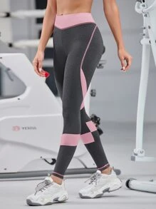 Yoga Futuristic 拼接面緊身打底褲無縫緊縮褶皺臀部競技褲襪 - 粉色 - 查看 4