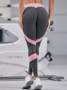 Yoga Futuristic 拼接面緊身打底褲無縫緊縮褶皺臀部競技褲襪 - 粉色 - 查看 5