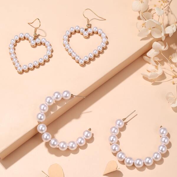 

2pairs Faux Pearl Decor Earrings, White