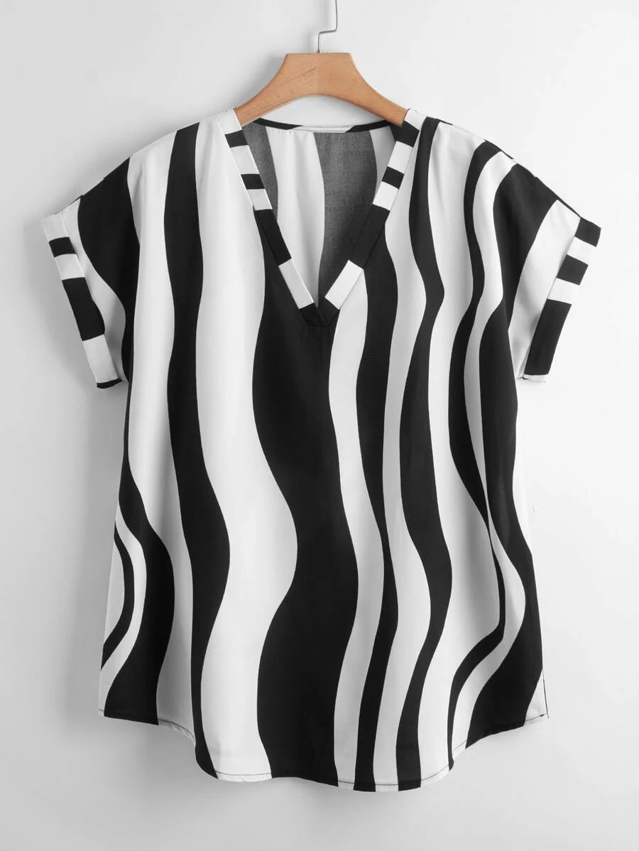 SHEIN LUNE Áo sơ mi Plus Size Khối Màu Giải trí - Đen và trắng - Xem 1