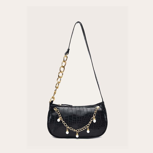 

Faux Pearl & Chain Decor Baguette Bag, Black
