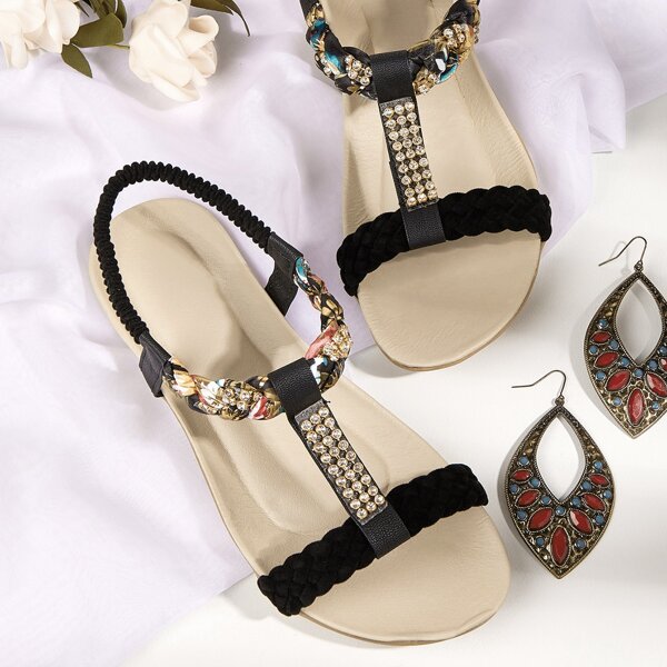 

Rhinestone Decor Braided Design Strappy Sandals, Black