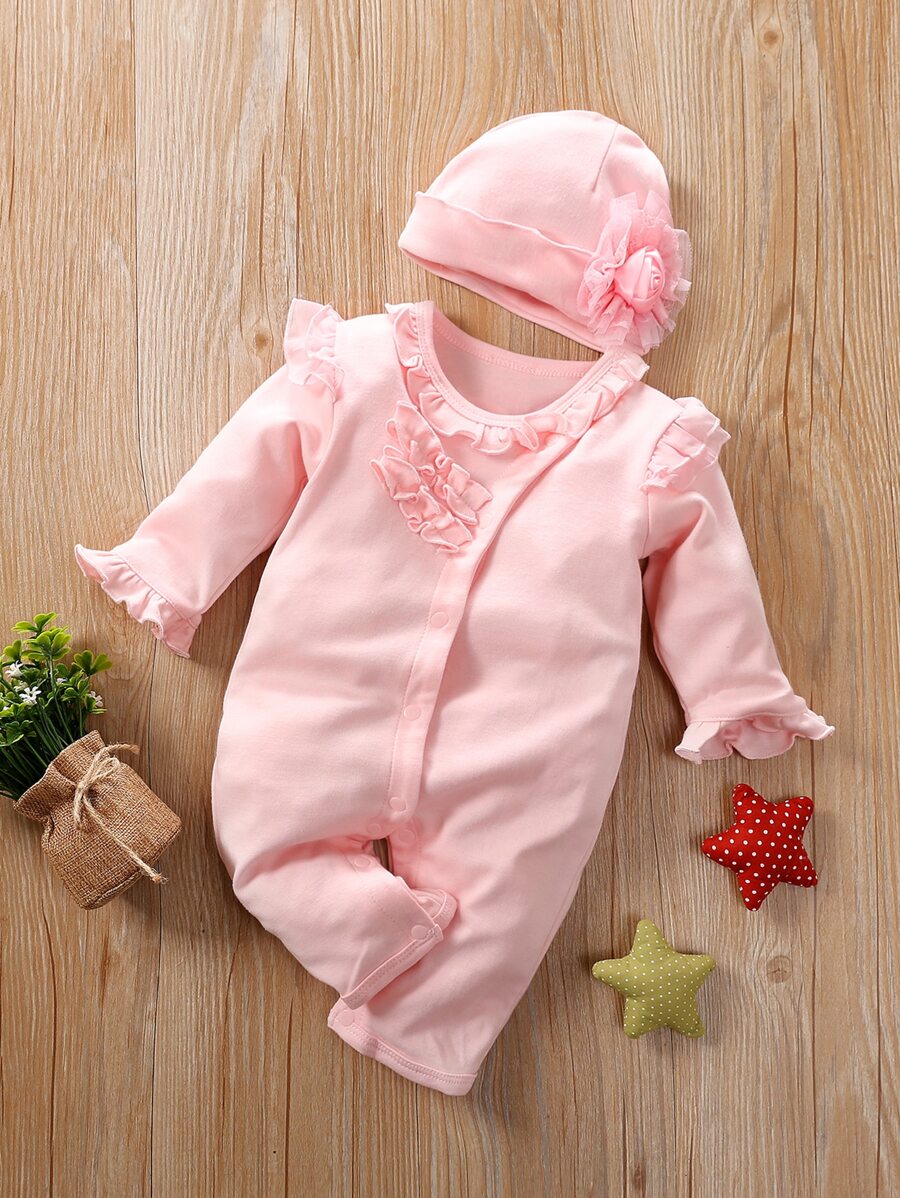 Yierying 女婴素色褶邊細節連身長褲帶帽 - 淺粉色 - 查看 1