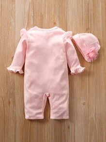 Yierying 女婴素色褶邊細節連身長褲帶帽 - 淺粉色 - 查看 2