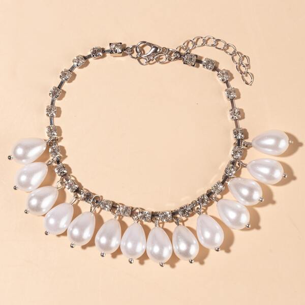 

Faux Pearl Charm Anklet, Silver