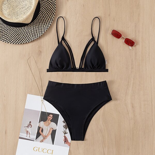 

Triangle High Waisted Bikini Swimsuit, Black