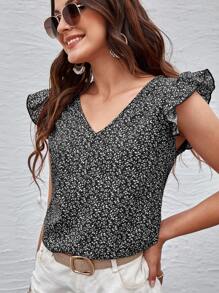 SHEIN Clasi Áo sơ mi Xù Thực vật Giải trí - Đen và trắng - Xem 5