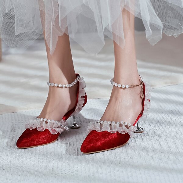 

Ruffle & Faux Pearl Decor Point Toe Pumps, Red
