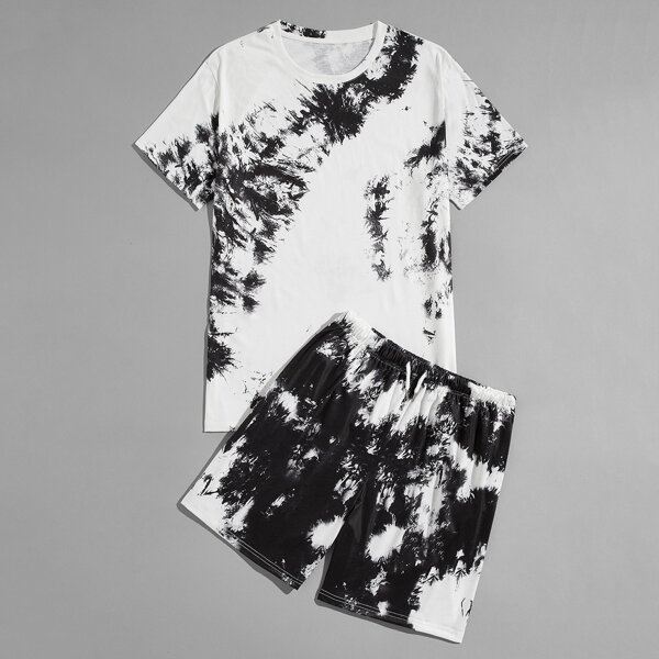 

Men Tie Dye Tee With Drawstring Waist Track Shorts, Black and white