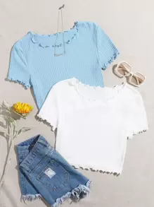 SHEIN EZwear 2 Packs Lettuce Trim Tee - Blue and White - View 1