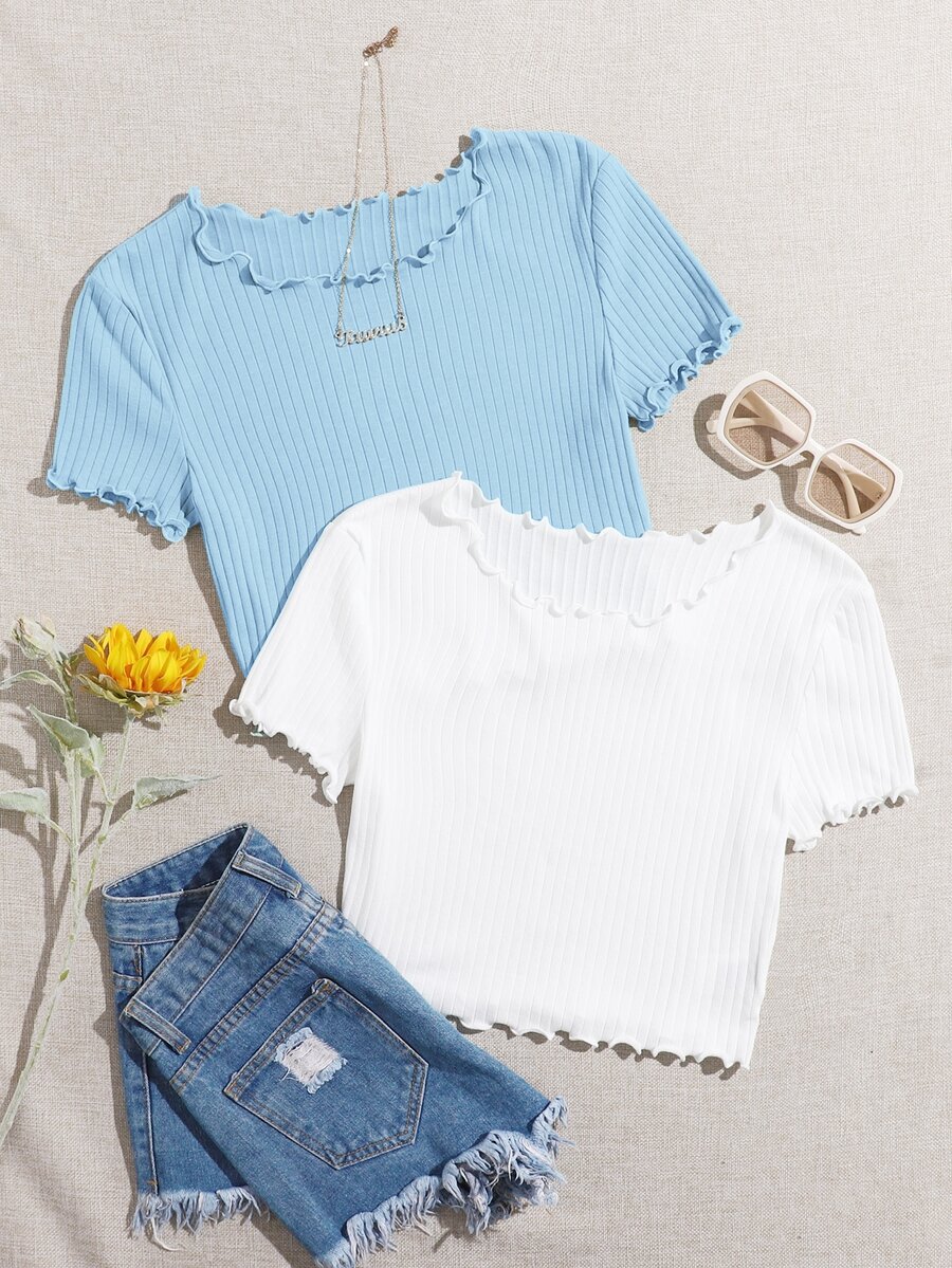 SHEIN EZwear 2 Packs Lettuce Trim Tee - Blue and White - View 1
