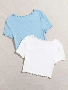 SHEIN EZwear 2 Packs Lettuce Trim Tee - Blue and White - View 2