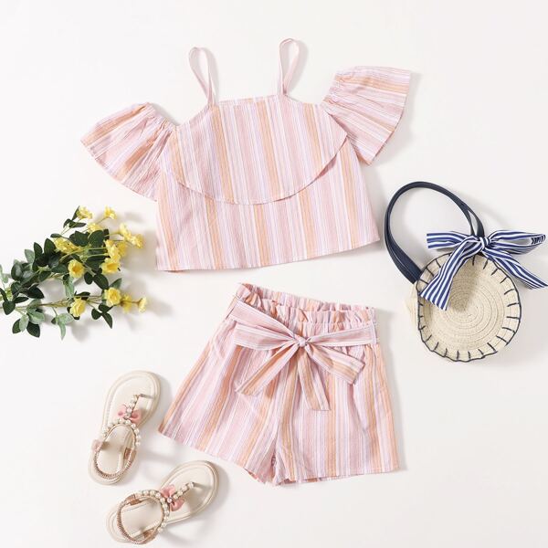 

Toddler Girls Striped Cold Shoulder Blouse & Belted Shorts, Baby pink