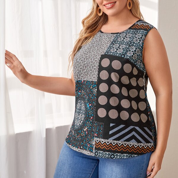 

Plus Polka Dot & Floral Print Tank Top, Multicolor