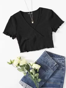 Muchica Surplice Neck Lettuce Trim Tee - Black - View 1