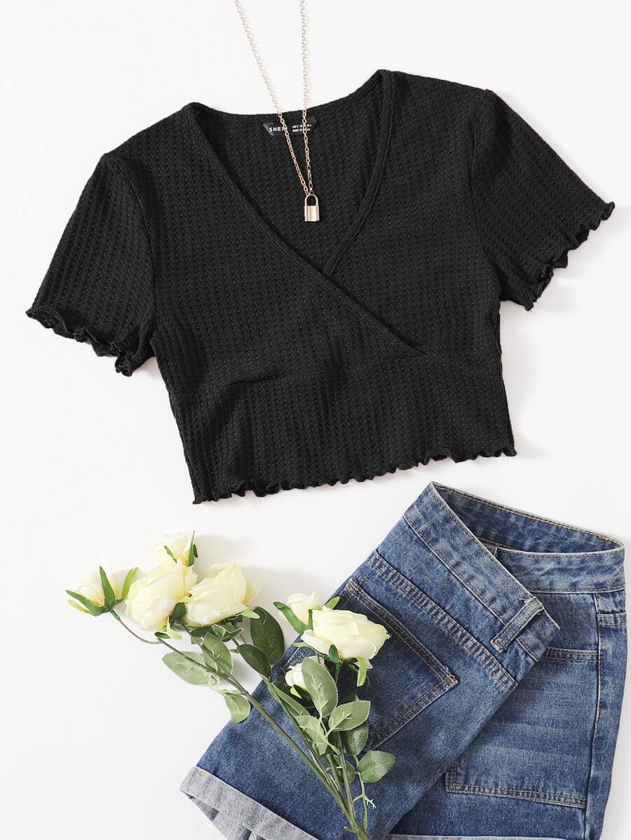 Muchica Surplice Neck Lettuce Trim Tee - Black - View 1