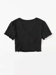 Muchica Surplice Neck Lettuce Trim Tee - Black - View 2