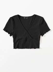 Muchica Surplice Neck Lettuce Trim Tee - Black - View 3