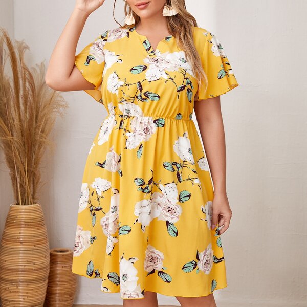 

Plus Notched Neck Floral A-line Dress, Yellow