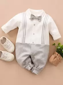 Yierying 男嬰拼色蝴蝶結領連身長褲 - 彩色 - 查看 1