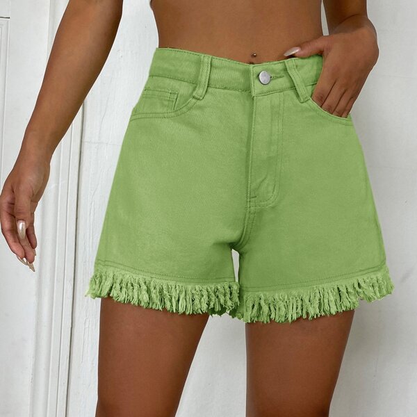 

Raw Hem Slant Pocket Denim Shorts, Lime green