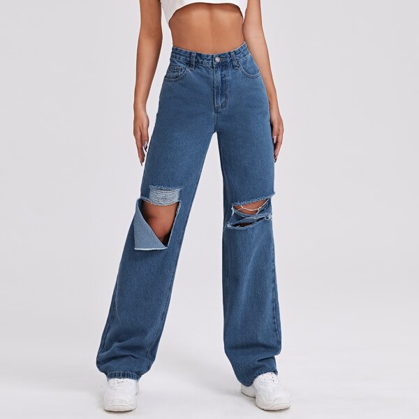

High Waist Ripped Jeans, Dark wash