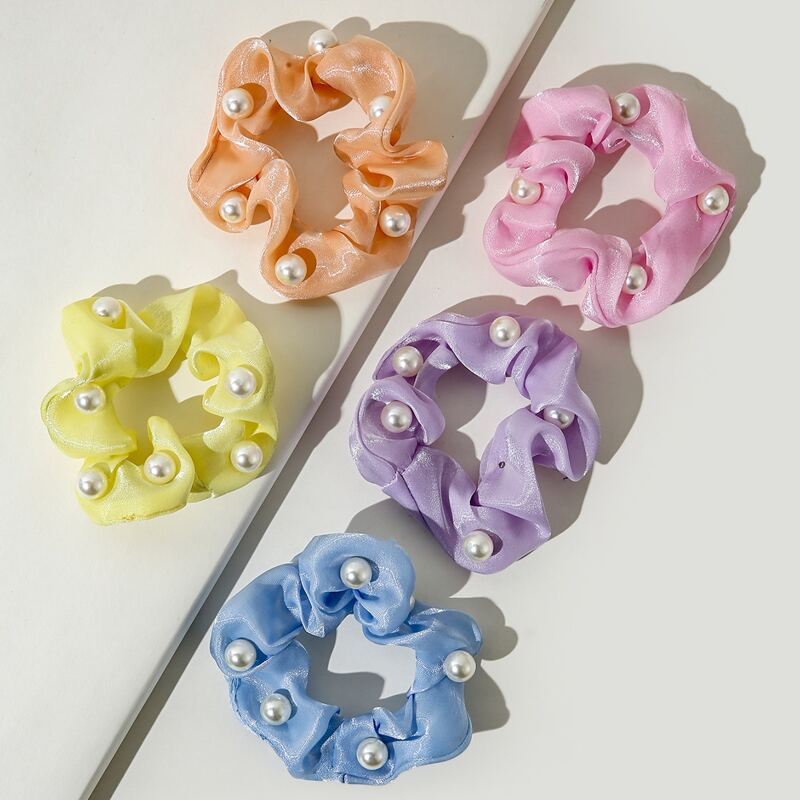 

5pcs Faux Pearl Scrunchie, Multicolor