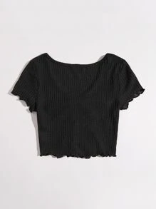 SHEIN EZwear Lettuce Trim Knot Front Waffle Knit Tee - Black - View 2