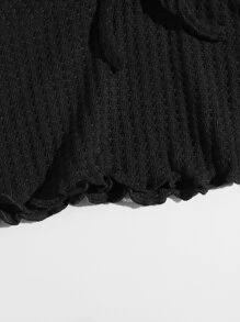 SHEIN EZwear Lettuce Trim Knot Front Waffle Knit Tee - Black - View 4