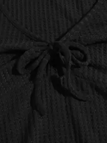 SHEIN EZwear Lettuce Trim Knot Front Waffle Knit Tee - Black - View 5