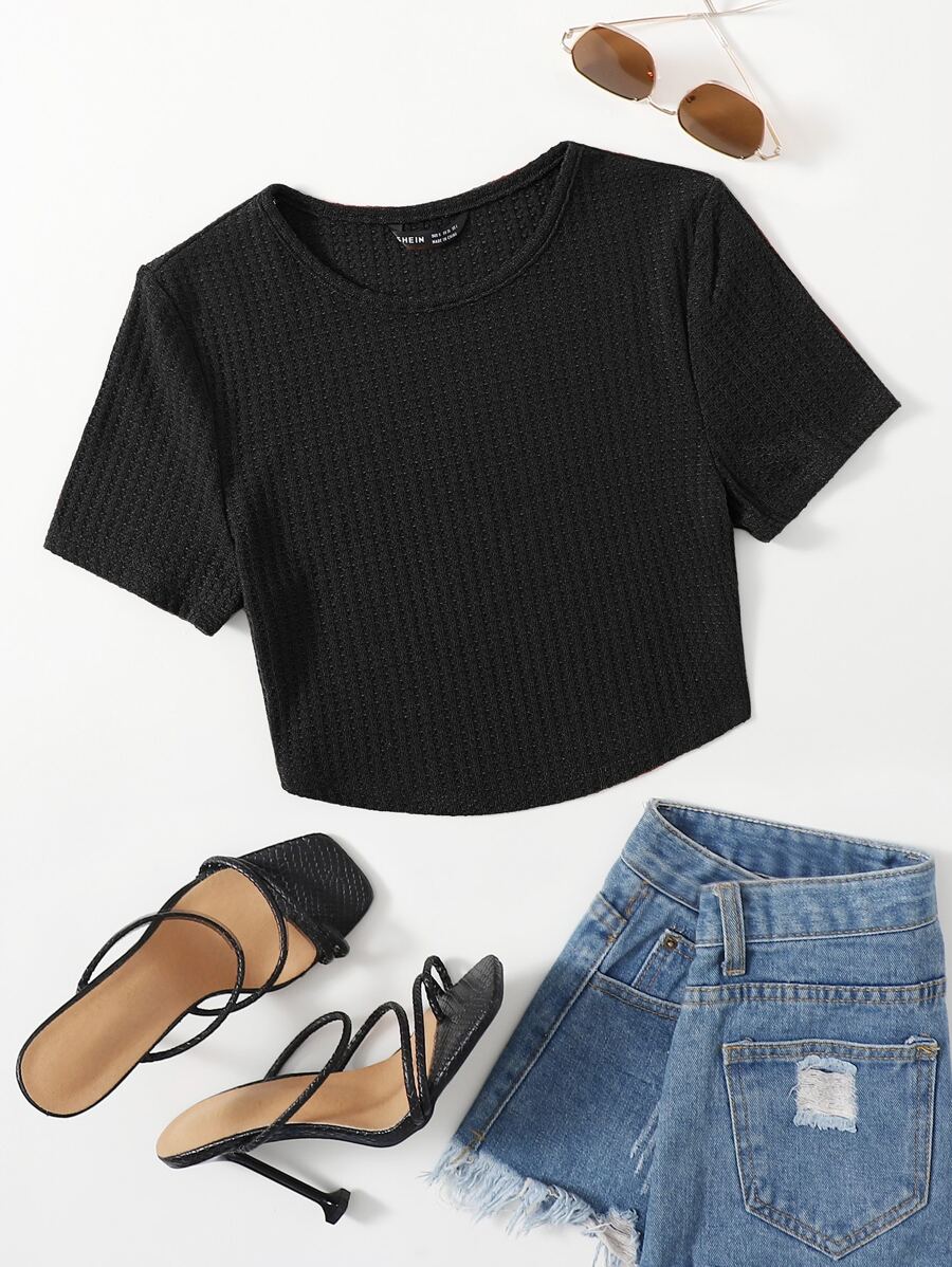 Muchica Solid Waffle Knit Tee - Black - View 1