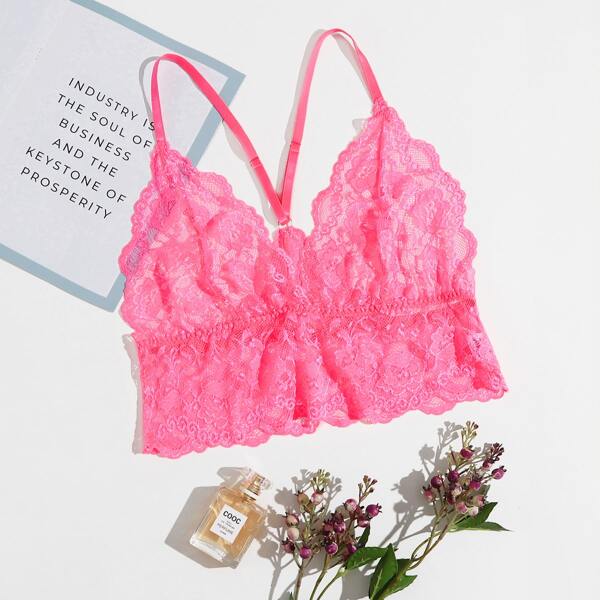

Plus Floral Lace Longline Bralette, Hot pink