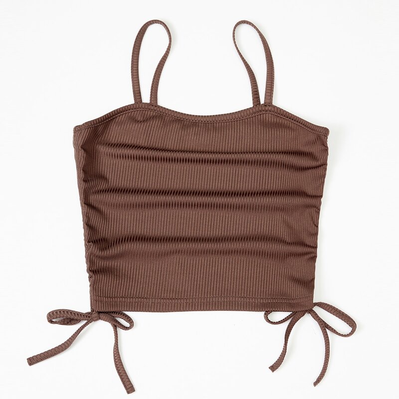 

Solid Drawstring Ruched Ribbed Cami, Coffee brown
