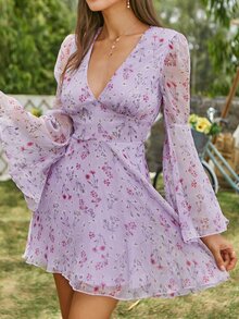 Double Crazy Váy thu, Phù hợp cho khách dự tiệc cưới, Mặc mọi mùa, Váy dự tiệc lễ hội âm nhạc mùa hè thanh lịch, Váy nghỉ dưỡng họa tiết hoa nhỏ xinh, Váy ngắn thanh lịch họa tiết hoa nhỏ xinh tay loe mùa hè dành cho nữ - Màu Lilac Tím - Xem 5