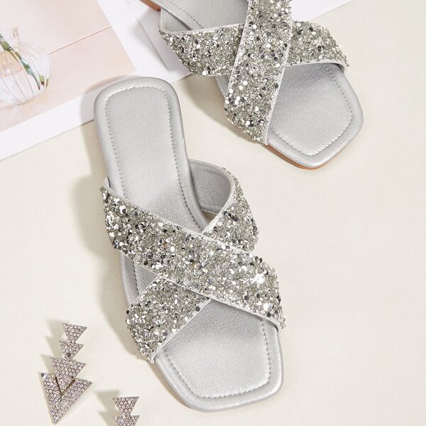 

Metallic Glitter Decor Slide Sandals, Silver